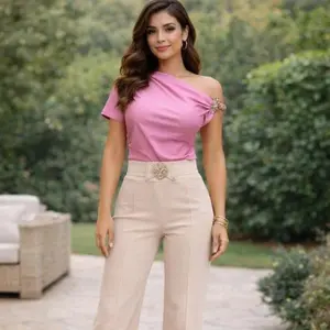 Rosita003-One Sleeve With Accesory Blouse 95%Polyester 5%Spandex