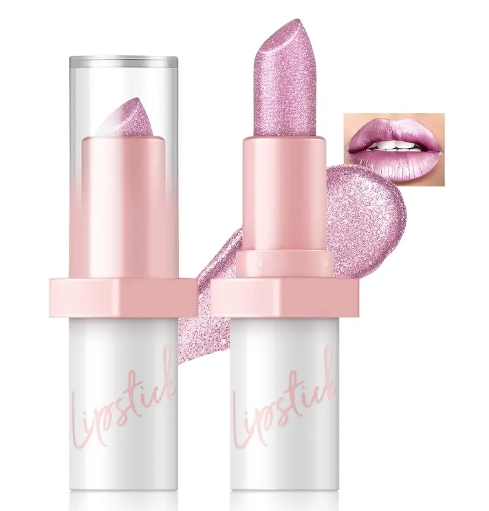 Metallic Pink Frost Glitter Lipstick for Women, Long Lasting High Shine Diamond Creamy Nude Light Pink Lipstick Transfer Proof,Shimmer High Impact Full Coverage Non Stick Cup Lip Makeup#1