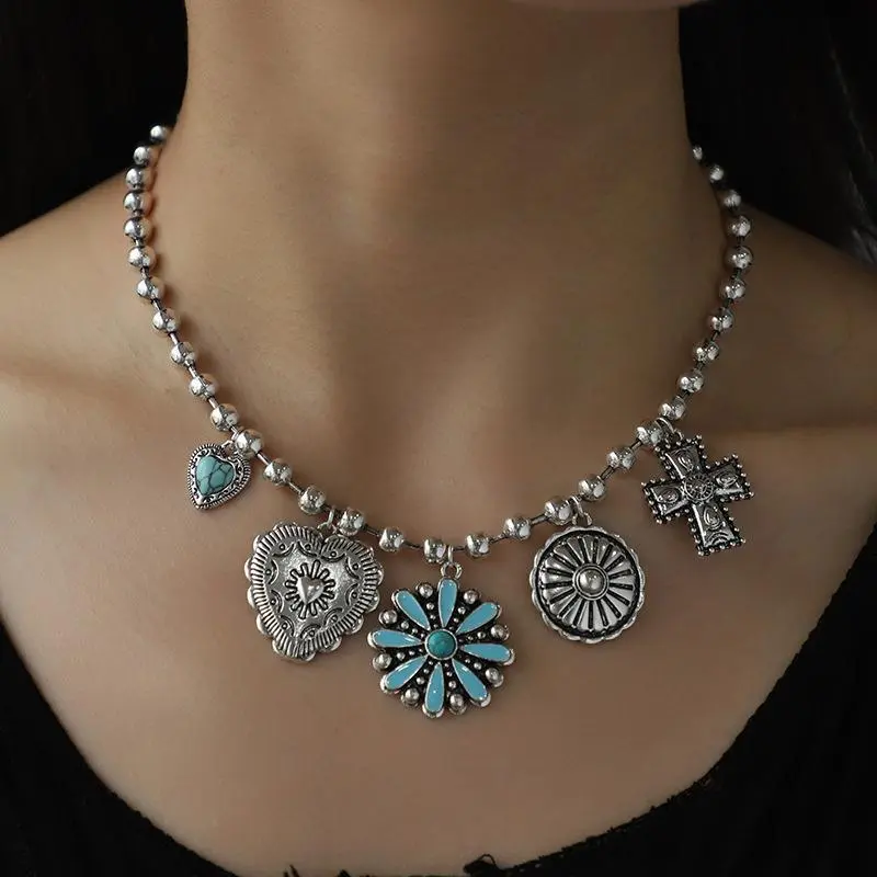 Women's Western Cross Jewelry Set - Adjustable Black Wax Cord Choker with Antique Silver-Tone Cross Shape Pendant, Turquoise-Look Stone, Bohemian Flair Concho Drop Earrings, Cowgirl Rodeo Everyday Use Gift