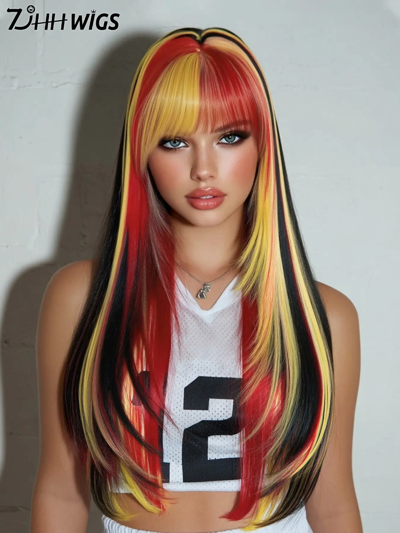 Black Red & Gold Wigs for Women 26 Inch Long Straight Wig with Bangs Party Wig Artificial Wig Synthetic Heat Resistant Wig for festival Fan Zone Support Synthetic Straight Hair