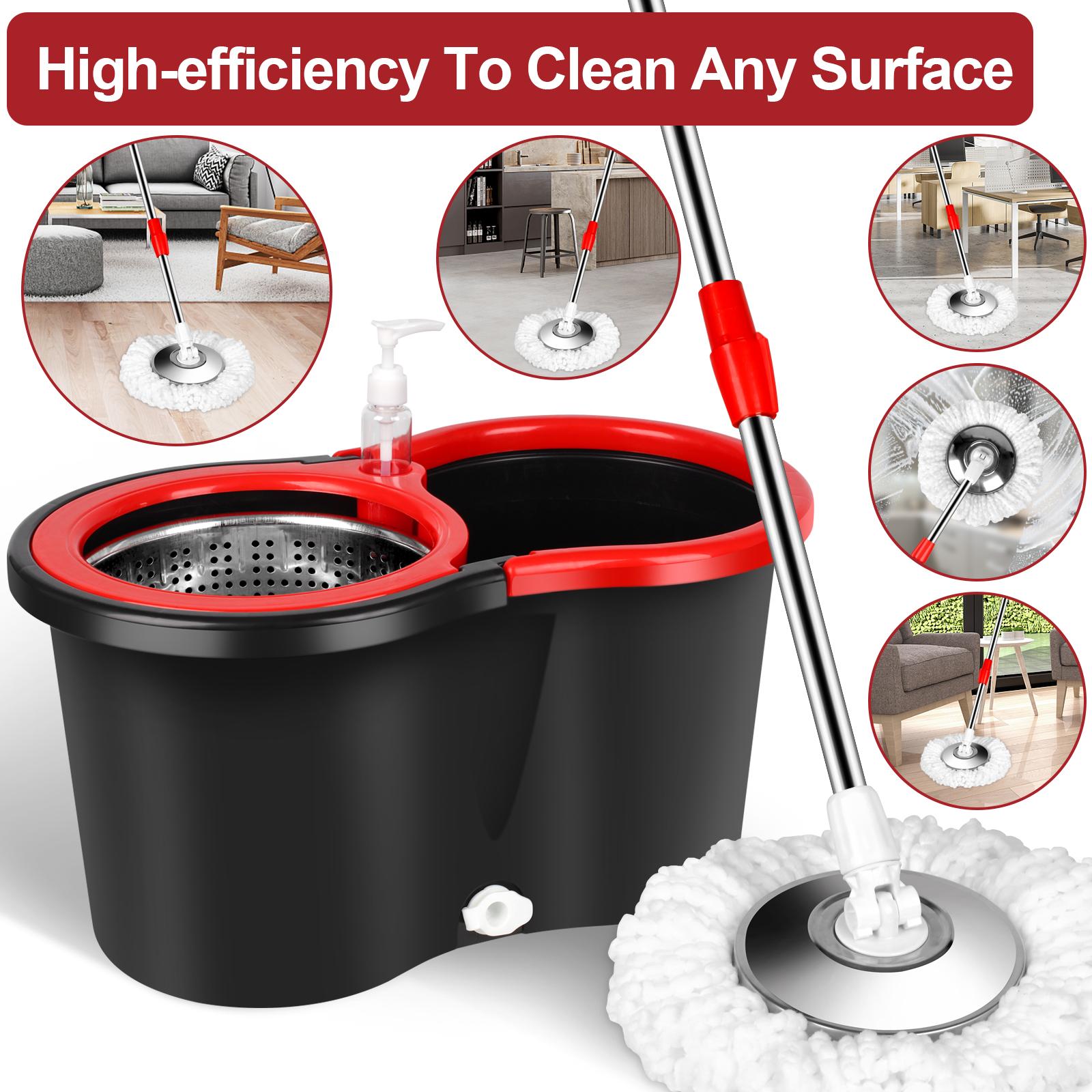 Spin Mop and Bucket Set with 360° Spinning Mop Bucket System, 3 Microfiber Mop Replacement Heads, 61" Stainless Steel Adjustable Handle Black