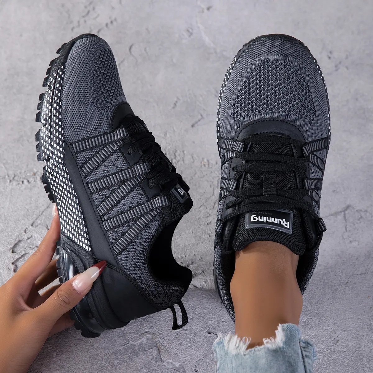 Women's Air Cushion Running Sneakers Breathable Fly Knit Mesh Non Slip Shock Absorbing Casual Walking Shoes