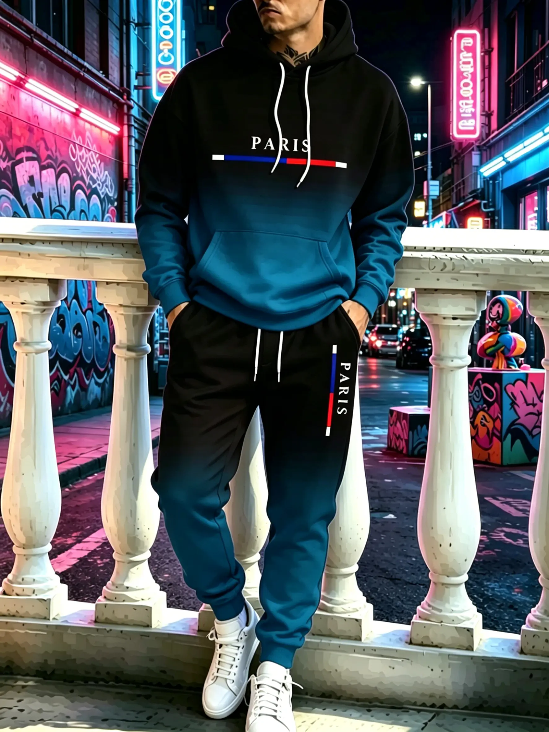 Men’s autumn/winter two-piece athletic set featuring a gradient blue-black 3D digital all-over print hoodie and jogging pants; versatile everyday streetwear with Paris letter stripe pattern, loose casual fit, suitable for multiple occasions.