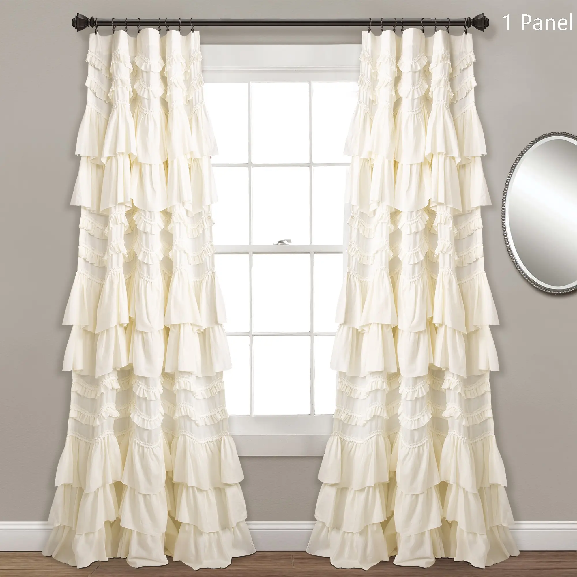 Lush Decor Kemmy Solid Color Textured Ruffle Curtain Single Panel - Sold Individually, 52"W x 63/84/95"L, 3-D Pom-Poms, 3" Slid-on Rod Pocket, 100% Polyester, Enhances Natural Light Flow, Refreshes 1 Window, Living Room Decor Curtains Accessory, Window Dr