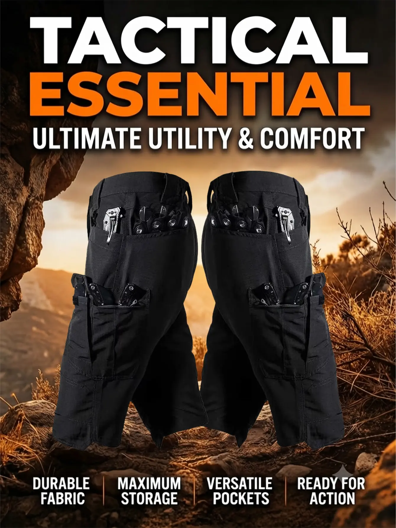 Men's Tactical Cargo Shorts - Straight Cut, Mid Waist, Tear-Resistant Polyester Fabric, Multi-Pockets, Button Closure for Outdoor Work, Casual Street Wear
