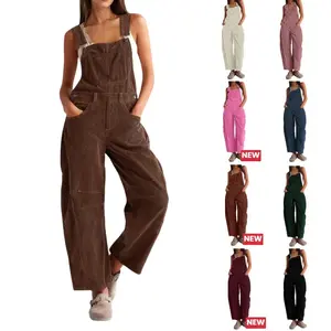 WoodBerry Corduroy Overalls for Women Barrel Wide Leg Bib Corduroy Pants Women Adjustable Romper Jumpsuit with Side Buttons and Pockets for Loose Fit Outfits Womenswear Dungarees
