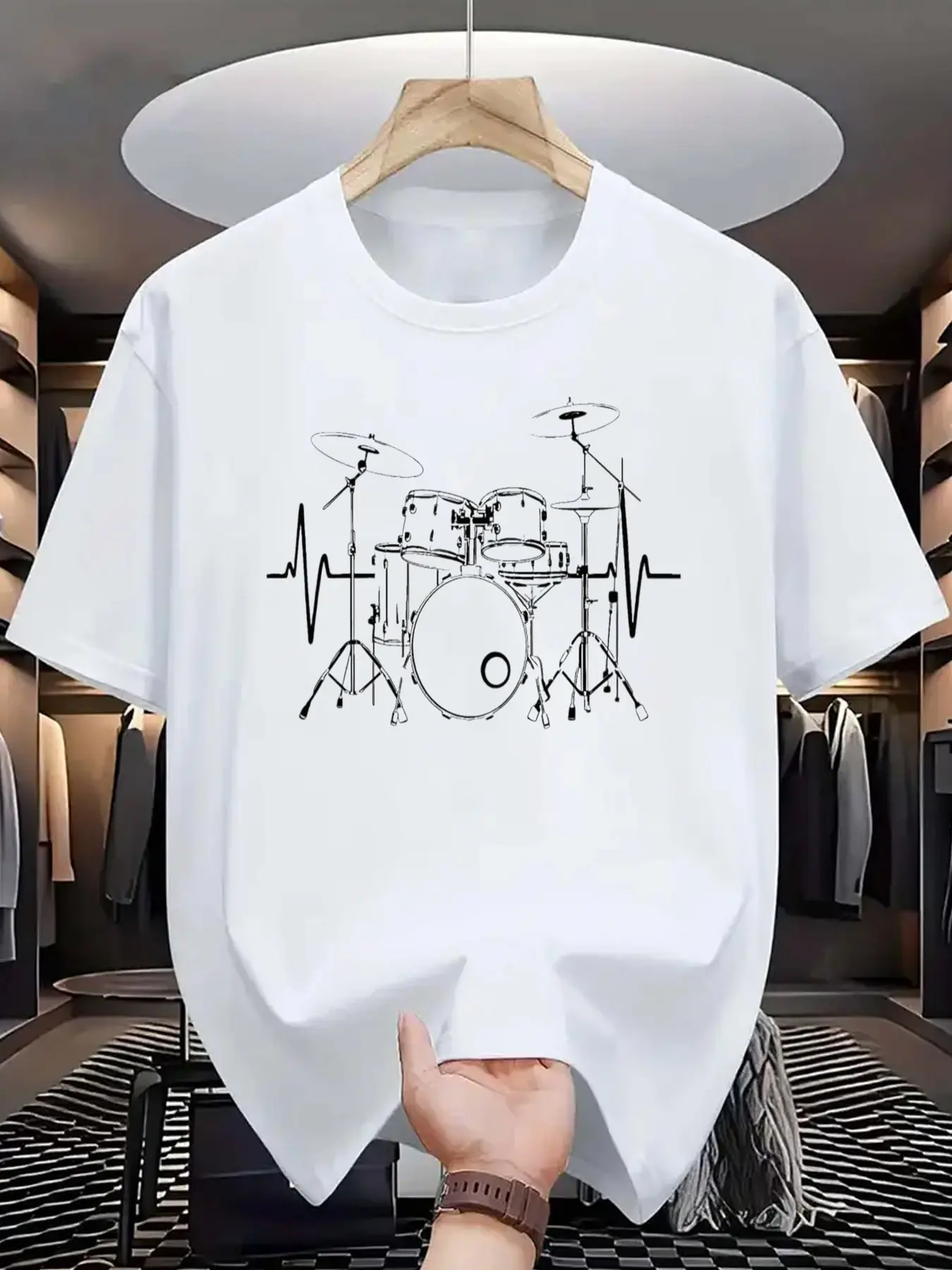 [Graphic Tee for Drummers] Drum Set Heartbeat Graphic Black T-Shirt| Unisex Short Sleeve Tee for Music Lovers and Drummers