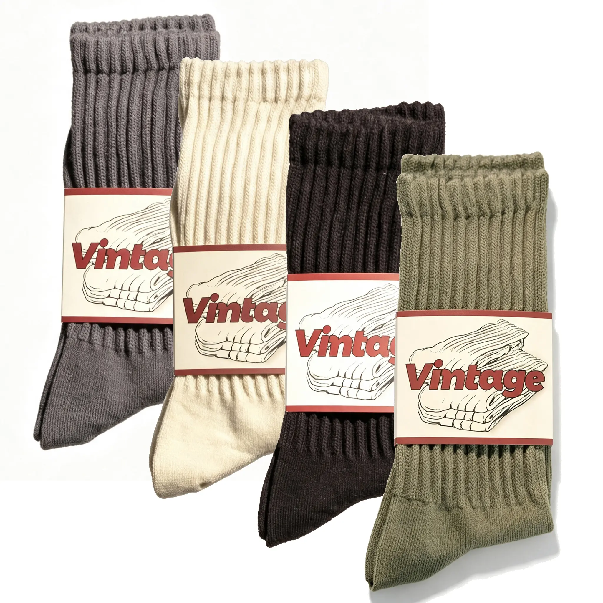 Unisex Retro Cotton Crew Mid-Calf Sports Socks - 2/4 Pairs, Ribbed Knit, Breathable, Seamless, Machine Washable, Universal Sport Socks for Fall Winter Outdoor Activities