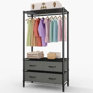 Clothes Rack with 4 Fabric Storage Drawers and Adjustable Shelves, 3-Tier Heavy- Portable Clothes Hanger Closet Organizers, 71.5"H x 35.2"W x 15.4"D