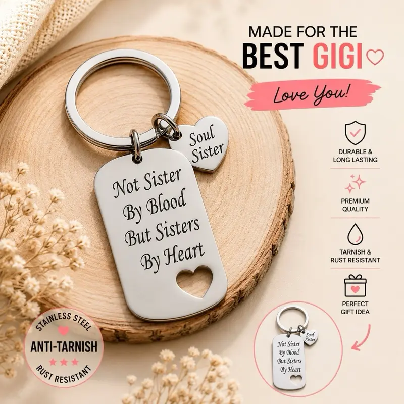 Women's Engraved Keychain - Valentine's Day Gift, Compact Practical Stylish Smooth Scratch Resistant, 1.18 Inches Keyring Diameter, Split Ring, Durable Steel Ring, C Hook, Symbolizes Deep Bond, "Not Sister By Blood But Sisters By Heart"