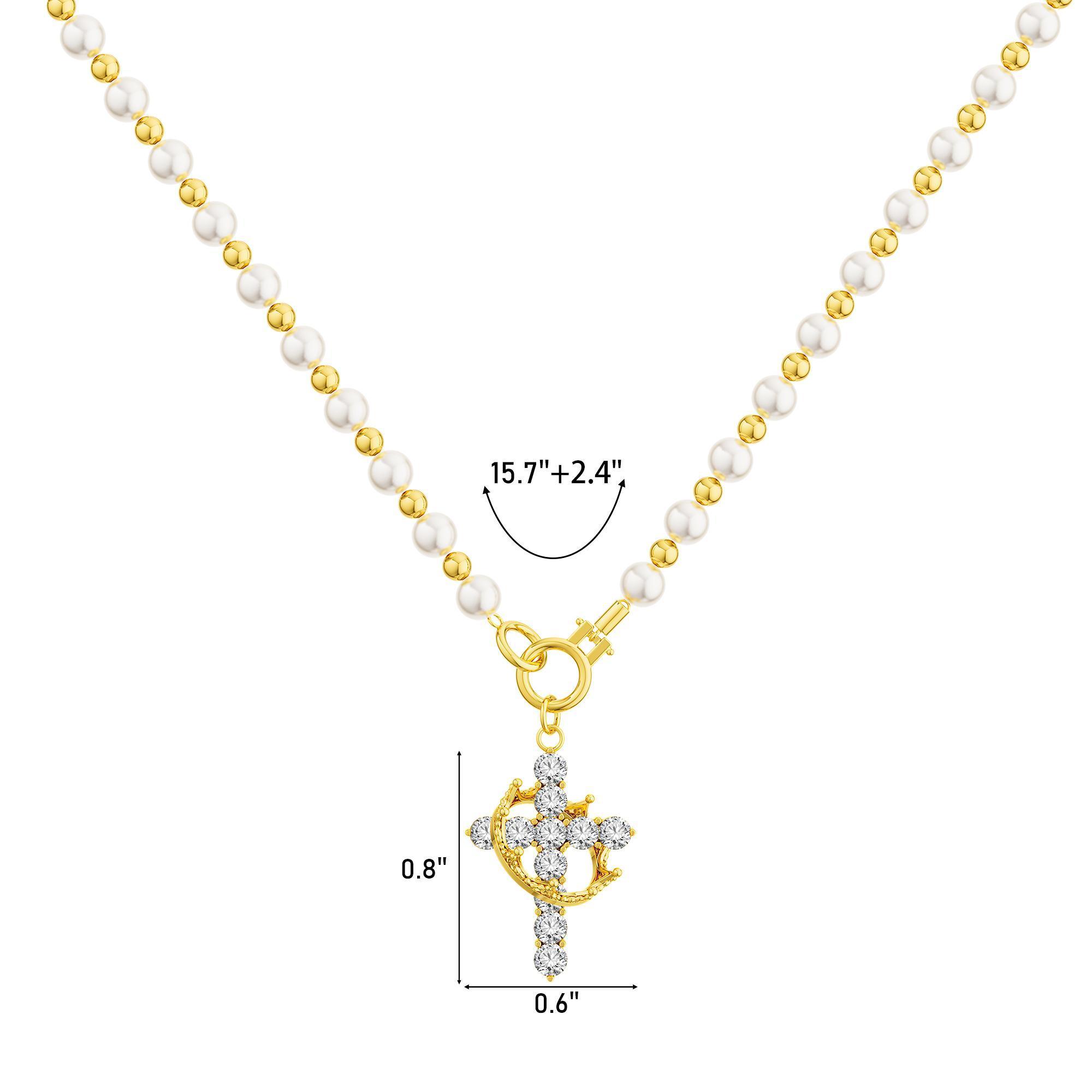 Tewiky Gold Pearl Beaded Crown Cross Necklace for Women, 4mm Pearls 3mm Beads Dainty Layered Style Jewelry Gift For Easter