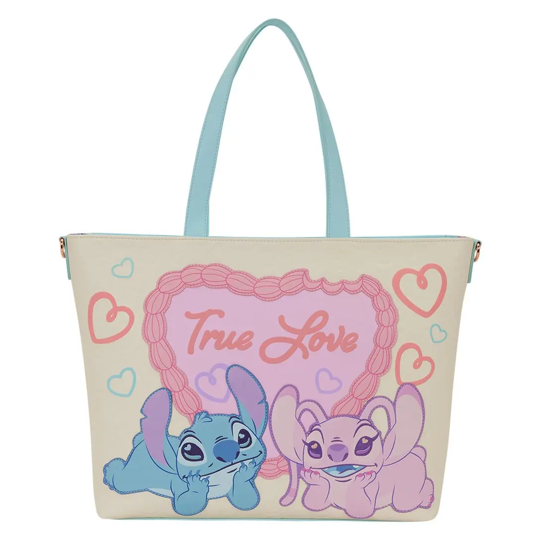 Loungefly Disney Stitch & Angel True Love Tote Bag, Cute Faux Leather with Convertible Crossbody Strap and Debossed Heart Design, Debossed Detail, Puff Print, Graphic, 3D Bow, True Love Cake, Whimsical, Basic, Lightweight