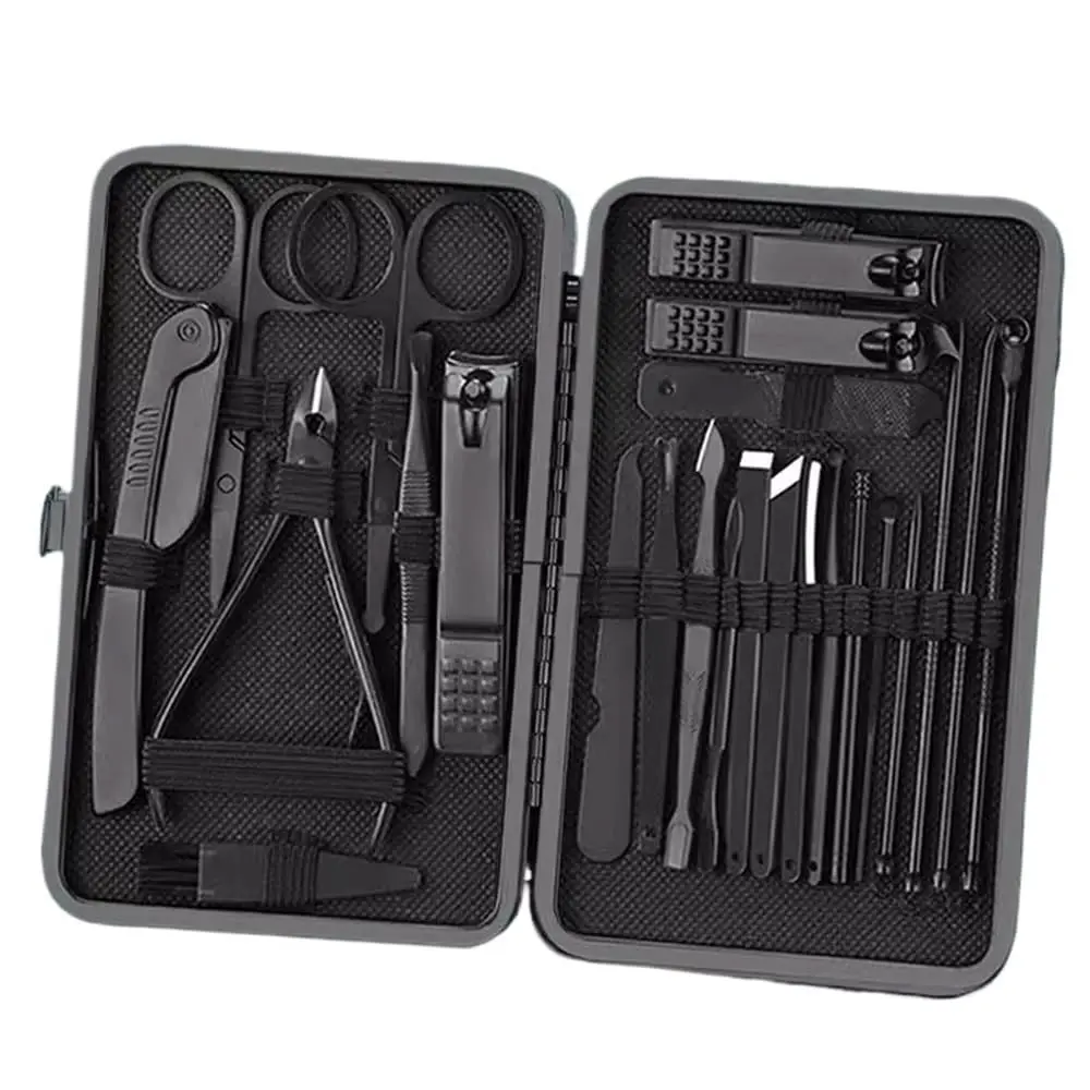 24-Piece Black and Red Nail  and Grooming Kit, Complete Set with Toenail Clippers, Ear Spoon, Nose Hair Trimmer, Tweezers, Diagonal Clipper, Nail File and Beauty Tools thick  wide jaw opening hard heavy duty nail clipper ingrown care splash-proof design