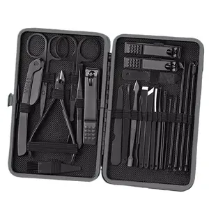 24-Pcs Black Professional Nail Kit & Complete Nail Cutter Set with Travel Case, Includes Cuticle Trimmer & Nail  Tools, Mens & Women Fingernail Grooming Kit hard thick  clipper oblique ingrown toenail care wide jaw splash-proof design