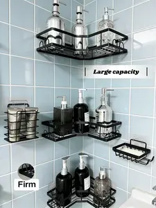 Caddy Shower Storage 5-Piece Set Self-Adhesive Stainless Steel Shelf No Drilling Required Rust-Resistant Large Capacity Hollow Round Design Bathroom Decor Accessories Firm