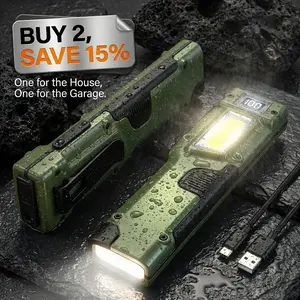 High Lumen Rechargeable LED Flashlight 1500 Lumen Flat Flashlights, 8 Modes Dual-Switches COB Flashlight with Digital Display,IPX5 Waterproof Stainless Steel Pocket Flash Light for Camp, hiking fishing and outdoor emergency Gift for Men