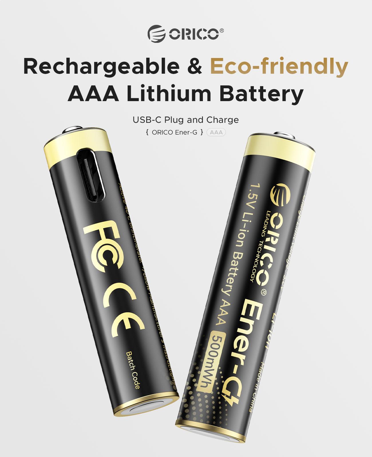 ORICO Ener-G Lithium ion Battery AAA Rechargeable Batteries with 1 Hour Fast Charge, Type-C Port 8 Pack, 1.5V 500mWh and Recharge Times up to 1500x, for Remote Controllers, Electronic Toys-EG7C