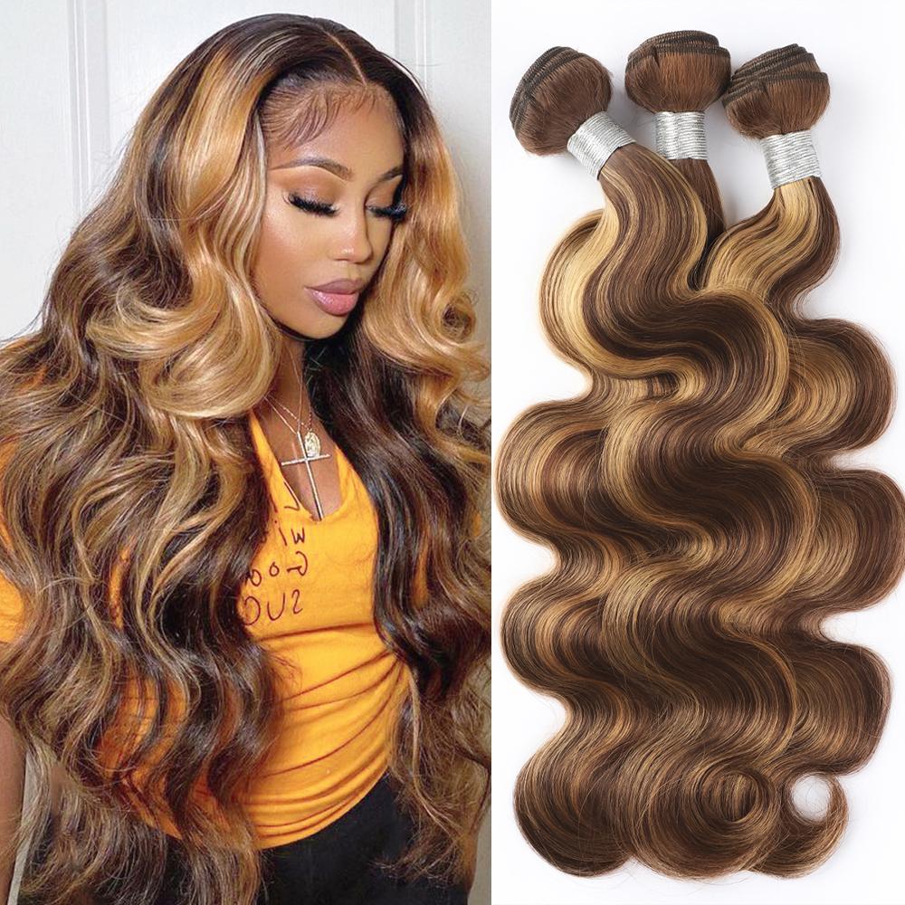 P4/27 Body Wave Bundles Human Hair Ombre Brown Highlight Human Hair Bundles for Sew In Colored Quick Weave HairStyles SpringStatements