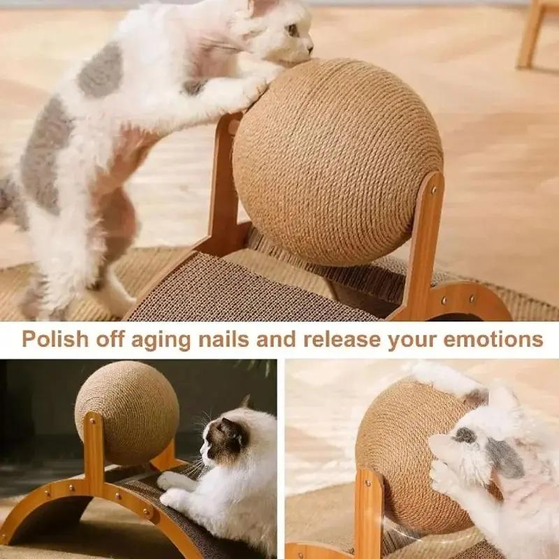 Cat scratching board with hanging ball toy and extra-tall scratching post. Stylish arch design, sturdy and durable. Wall-mounted to save space, a must-have essential for every cat owner.