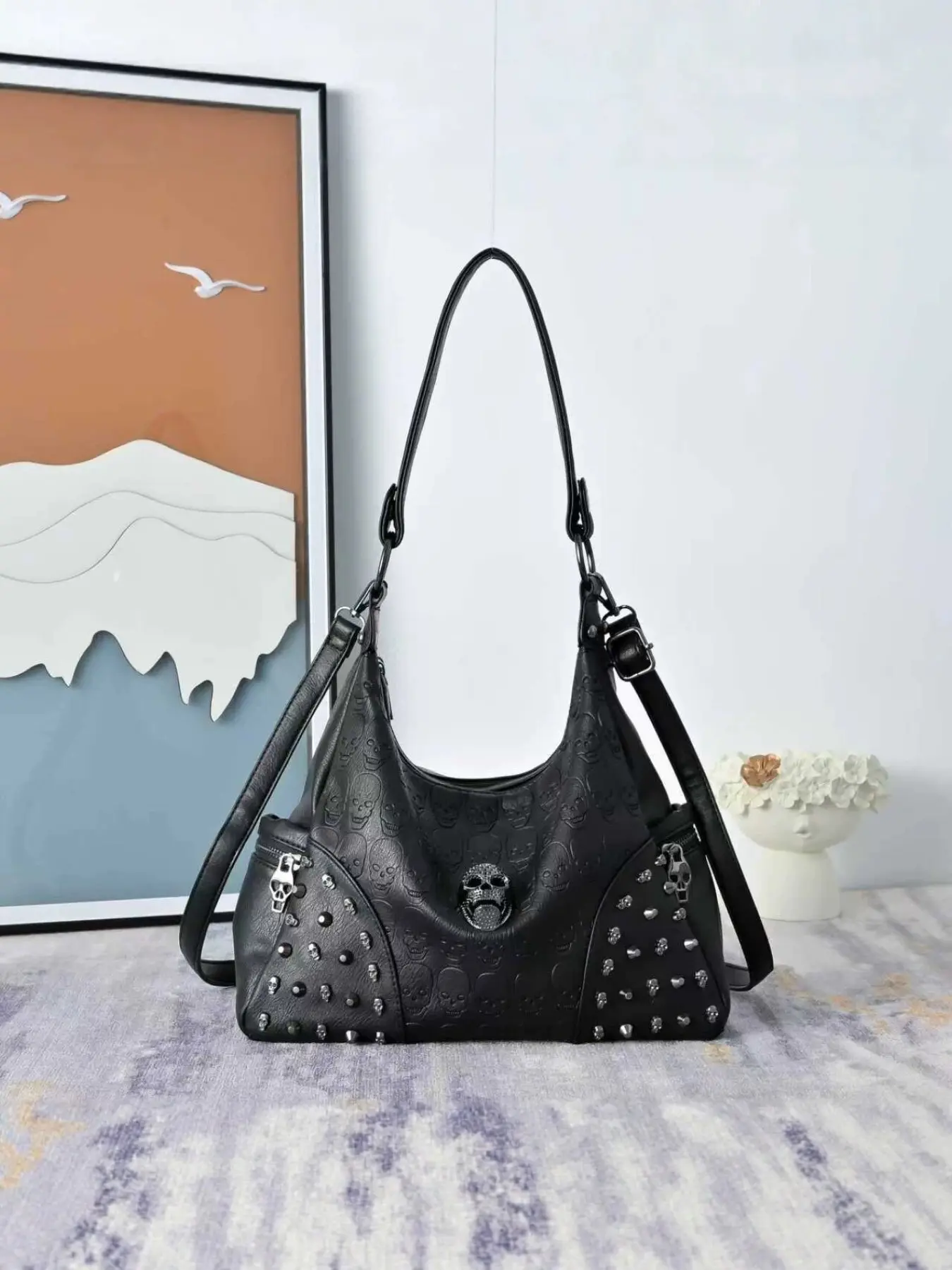 Punk Style Crossbody Shoulder Bag, PU Leather Skull Embossed, Adjustable Dual Strap, Rivet Design, All Seasons Fashion Accessory, Crossbody Shoulder Handbag, Crossbody Shoulder Purse, Fashionable Crossbody Bag