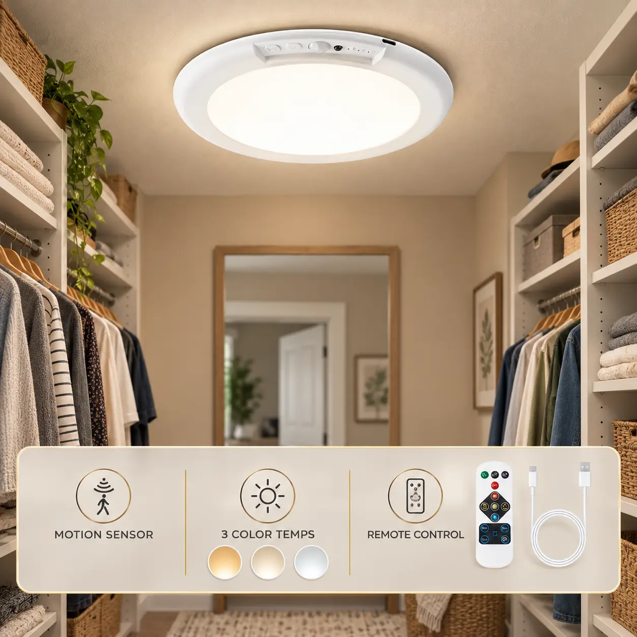 Qawtor Rechargeable Motion Sensor Ceiling Light – 4000mAh Wire-Free Magnetic LED Light, Easy Install, 3CCT Dimmable Remote & Timer for Closets, Hallways & Bathrooms,#tiktokshopstockup