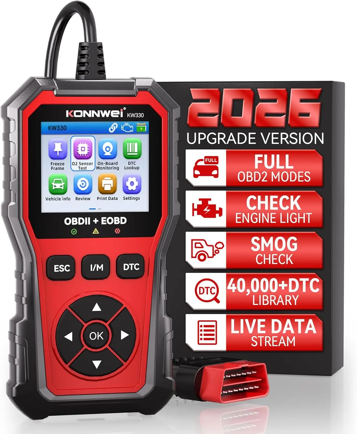 OBD2 Scanner KW330 2026 Newest Model Full OBDII Modes Live Data Stream Battery Voltage Test Faster Processing Chip 35901 DTC Library