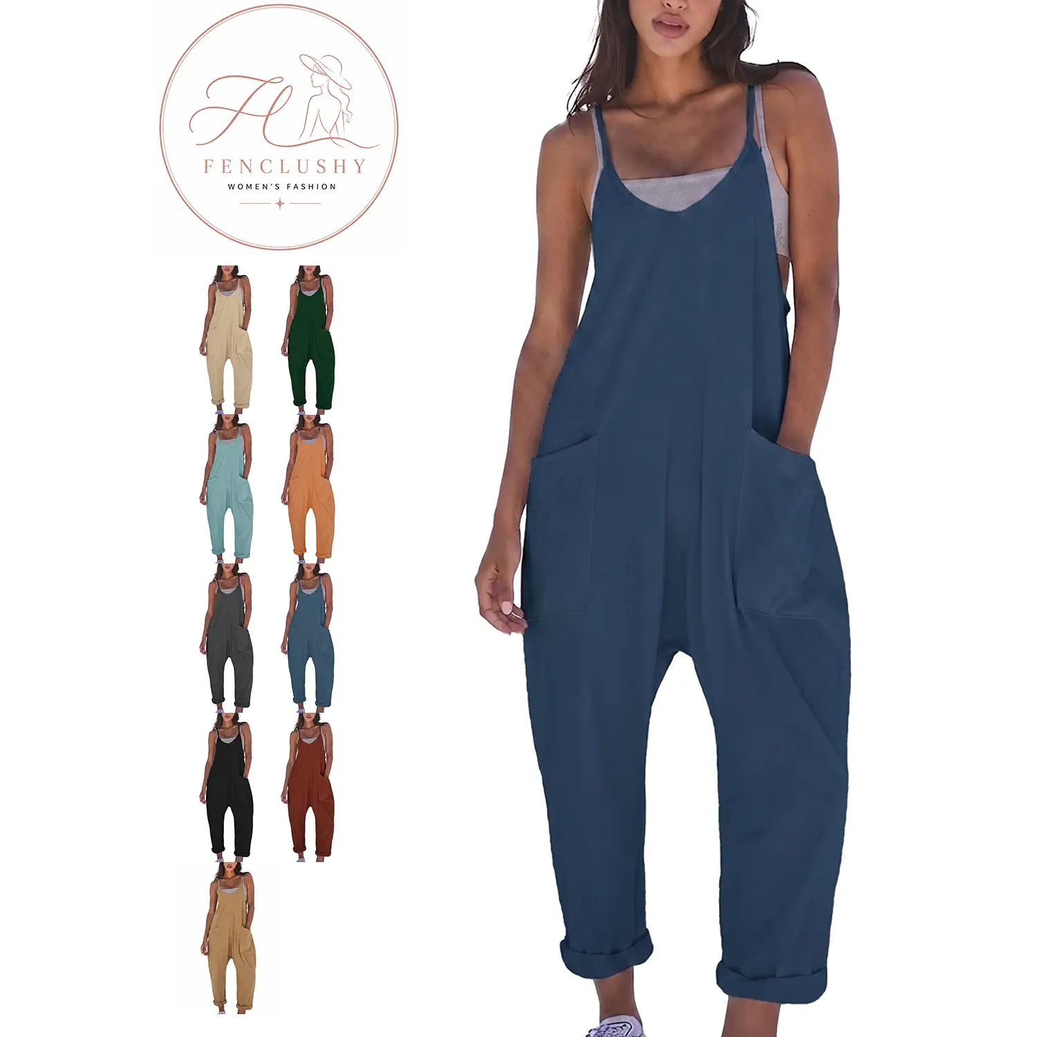 FencLushy Women's Soft Lightweight Cotton Basic Beach Romper - Spaghetti Strap, V-Neck, Baggy Harem, Adjustable Sleeveless Overalls with Pockets, Everyday Comfortable for Accessory Matching, Jumpsuit