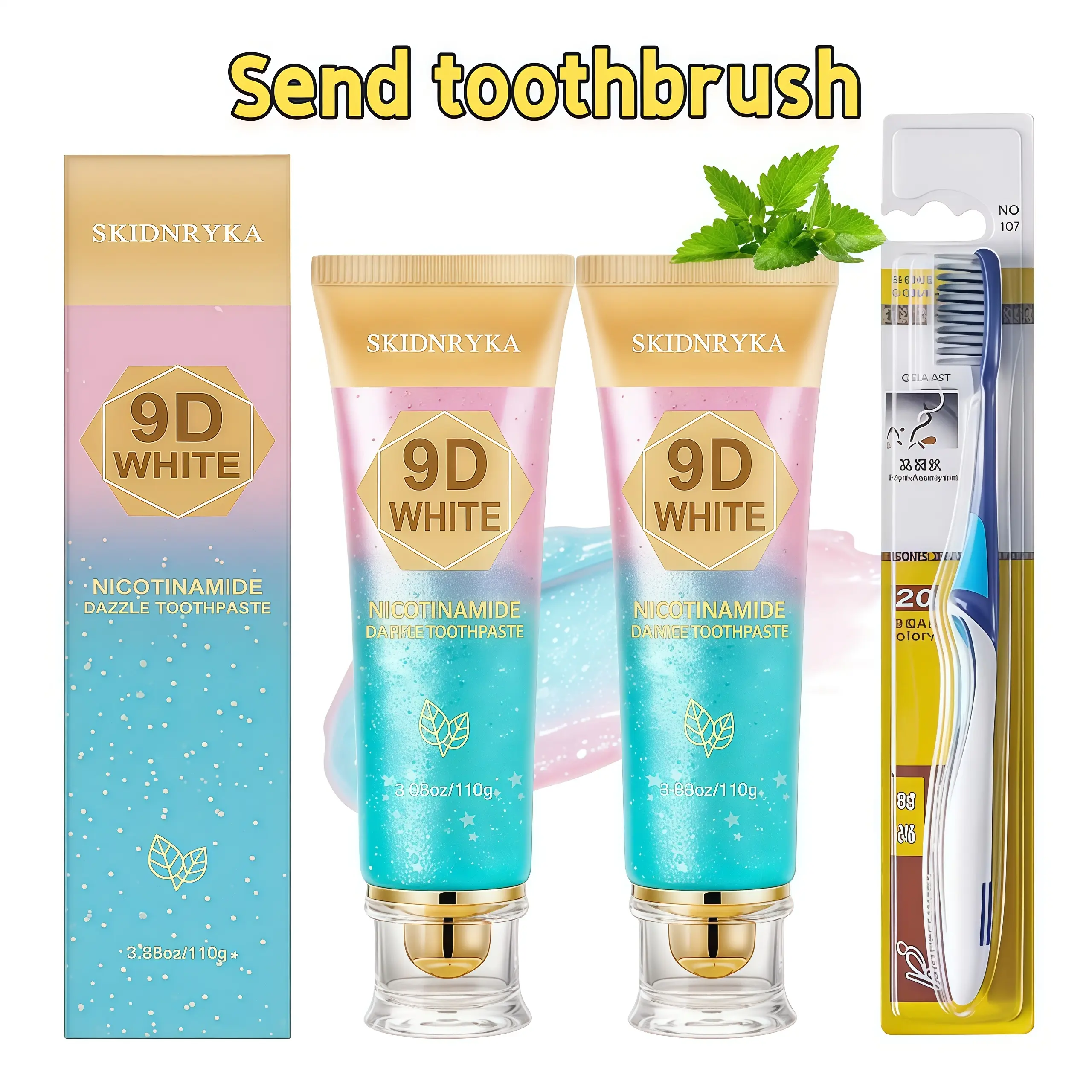 Blue-pink toothpaste with a free toothbrush, containing niacinamide and 20% hydroxyapatite for gentle cleaning, whitening teeth, and oral care at home and while traveling; unisex; promotes oral hygiene and health; long-lasting fresh breath; an ideal gift.