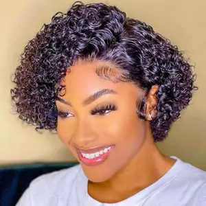 MYLOCKME Short Bob Wig Pixie Cut Curly Human Hair Wig For Women Natural Color 13x4x1 T Part Lace Closure Kinky Curly Lace Wig
