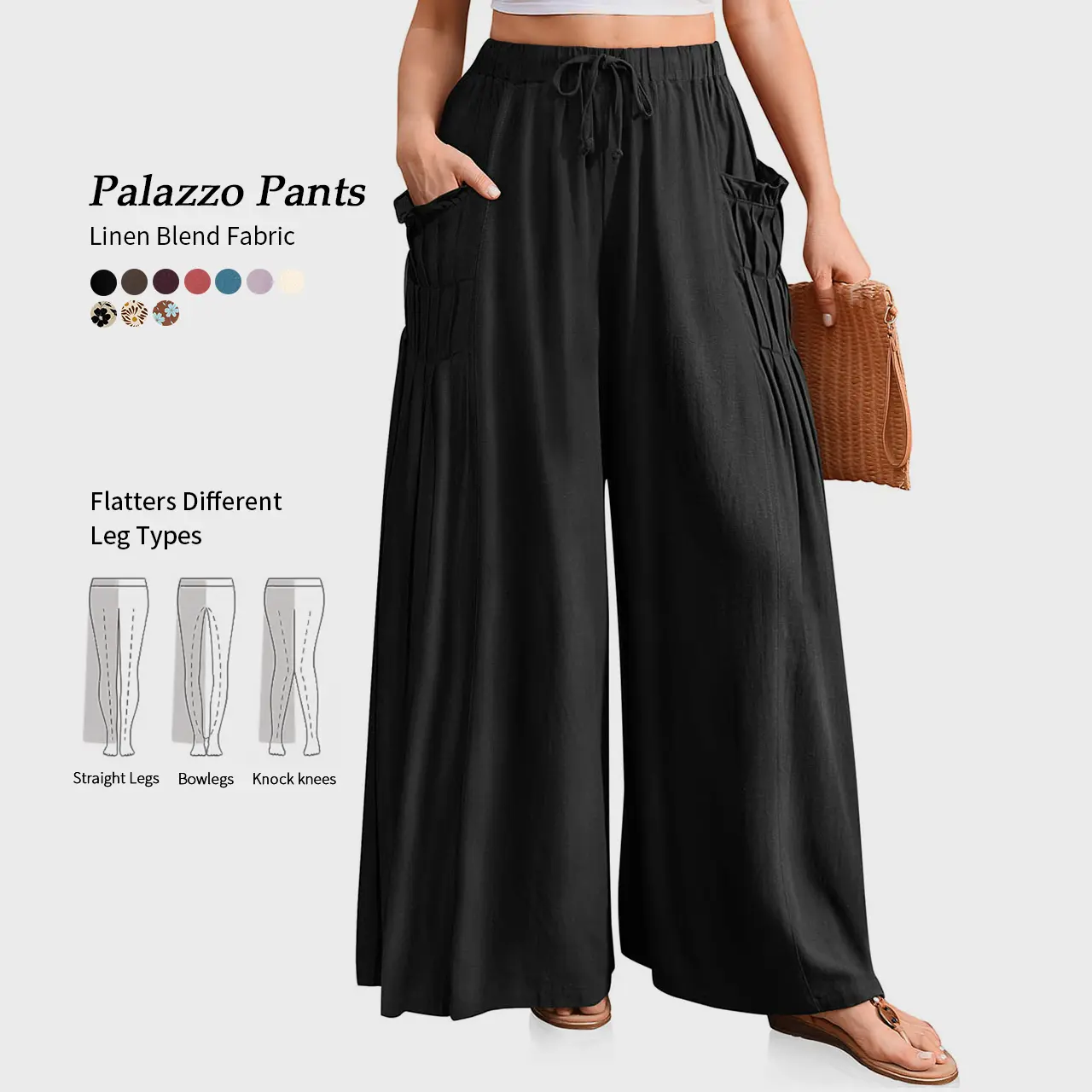 TARSE Women Casual Linen Blend Palazzo Pants Loose Fit Boho Wide Leg Baggy Trousers with Pockets Oversize 2026 Summer Vacation Womenswear Work Pants