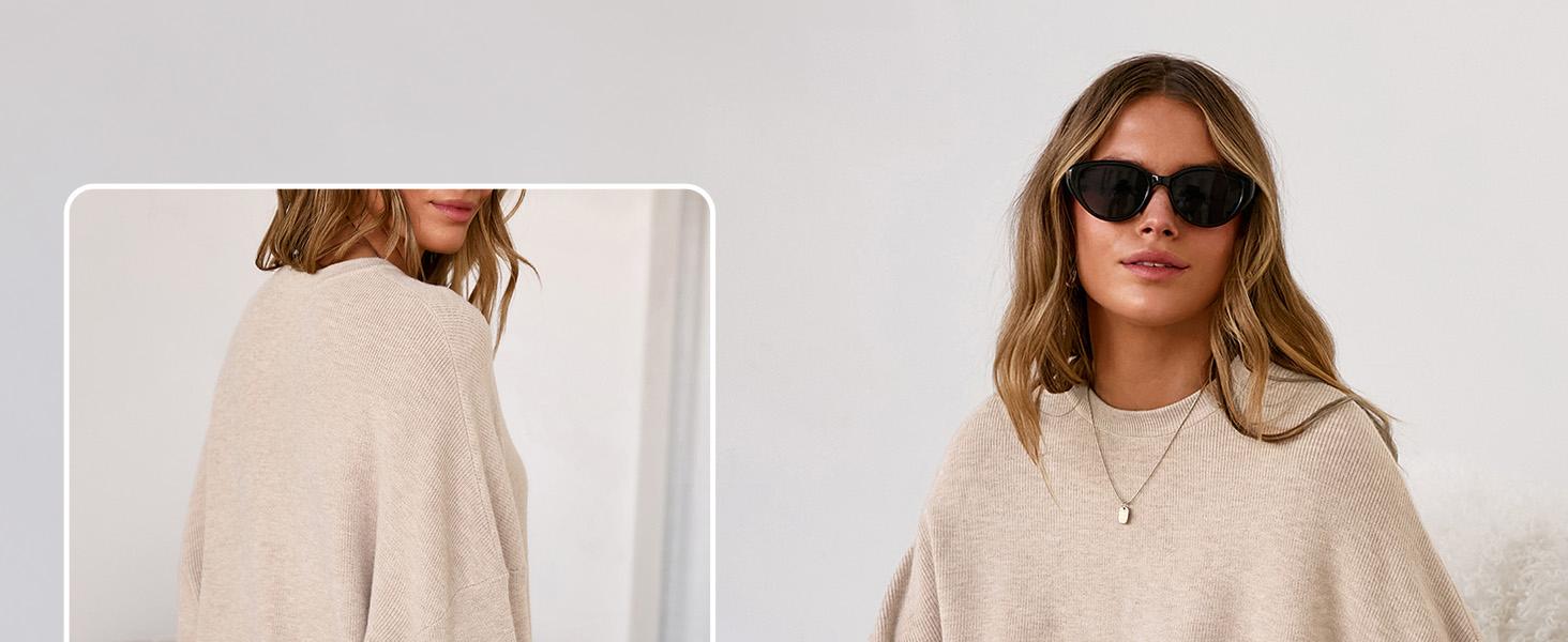 Arach&Cloz Women's Wool Blend Oversized Sweaters Crewneck Casual Spring Outfits Fashion Tops