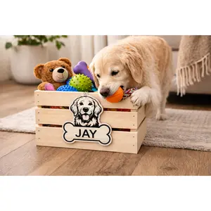Personalized Cedar Dog Toy Storage Crate Bin – Custom Pet Name Plaque, Wooden Box