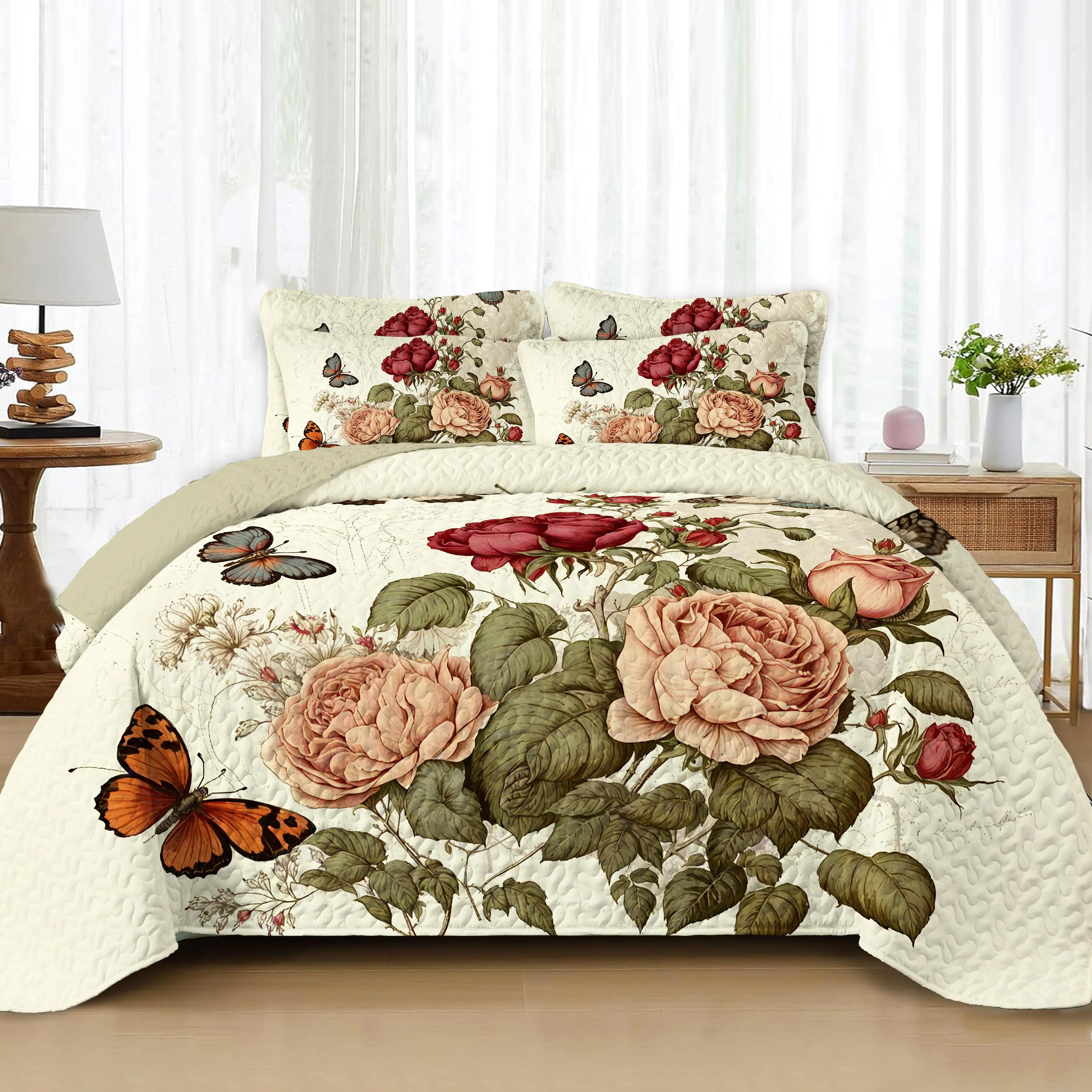 Peony & Butterfly Pastoral Printed Bedding Set - Lightweight Quilted Thin Quilt, All-Season, Soft Skin-Friendly, Home Room Decor, Vibrant Holiday Birthday Gifts (King/Queen/Full: 2 Decorative Pillow Shams; Twin: 1 Decorative Pillow Sham),sohochic