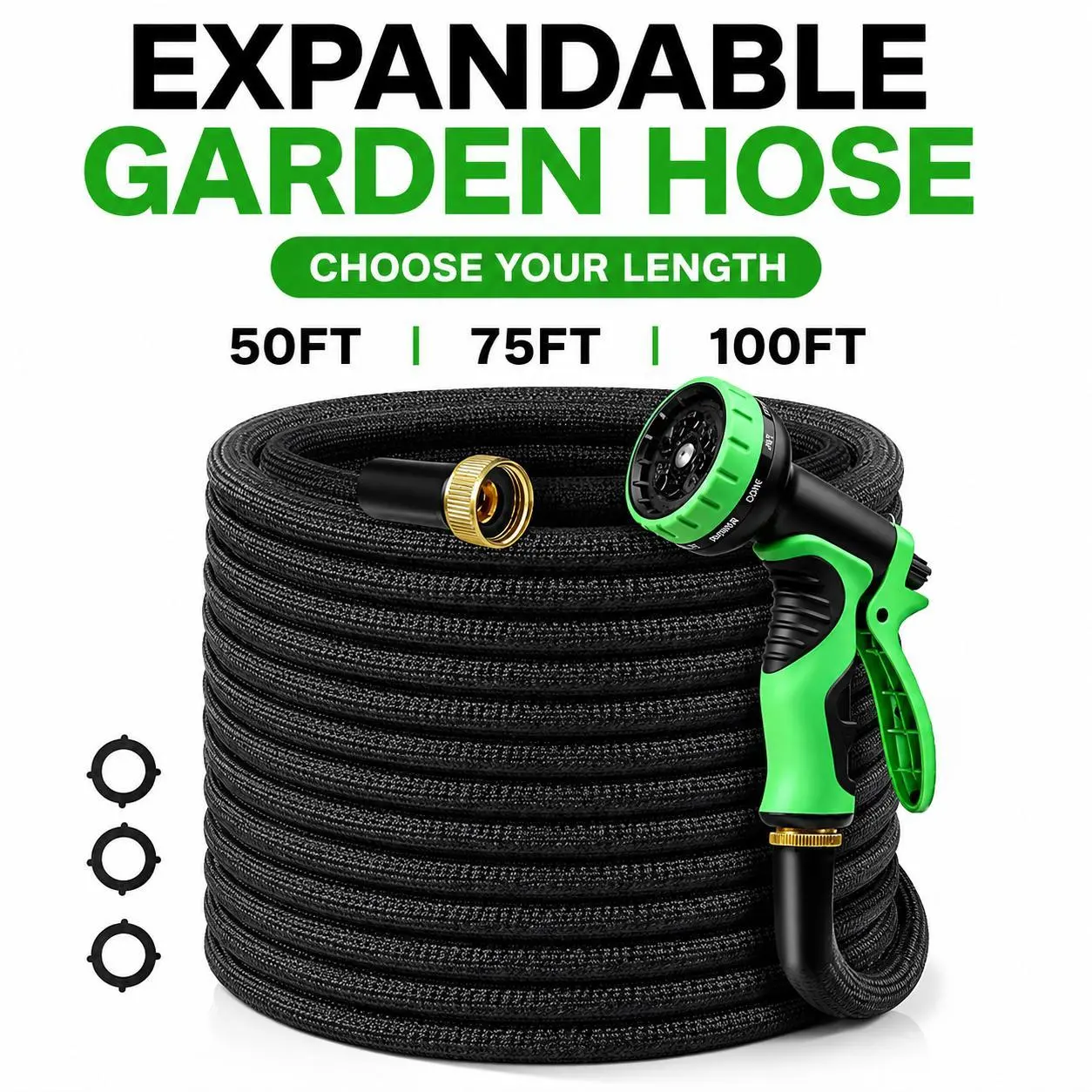 Expandable Garden Hose with Multi-Pattern Spray Nozzle, Brass Connectors, Replacement Washers - Lightweight Flexible Water Hose for Yard, Car Washing, Outdoor Cleaning (50FT/75FT/100FT)