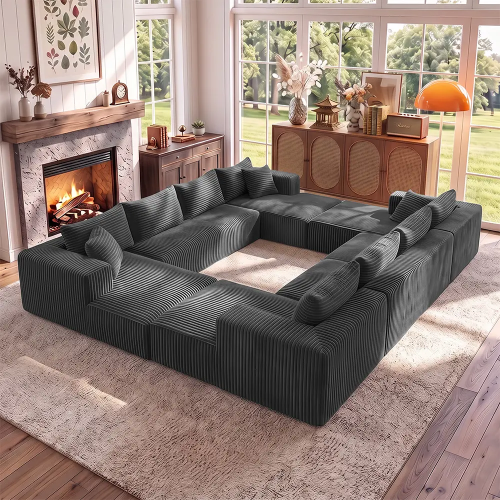 132.2'' Modular Sectional Sofa, Vacuum Compressed No Assembly Corduroy Block Couch, Free Multi Layout Combination For Apartment Studio Rental Large Living Room