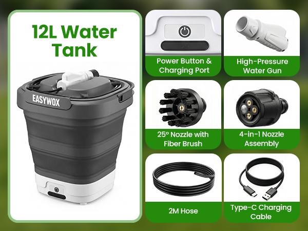 [Tiktok US Limited] EasyWox Portable Electric Pressure Washer with 3.2 Gal Tank, 4-in-1 Nozzle, Max 1200 PSI Foldable Cordless Power Washer, Type-C Charging, Portable Water Sprayer for Camping, Bike, Pet, Garden, Car Wash