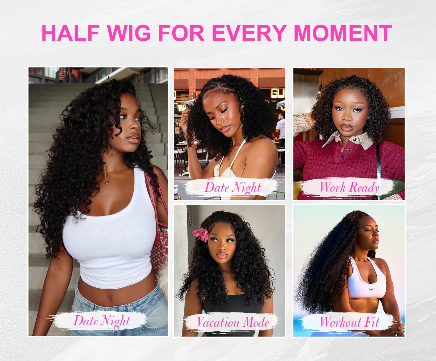 [Wear Go Half Wig] BGMgirl Invisible Hairline Afro Curly Kinky Straight Half Wig Glueless Human Hair Butterfly Yaki Layered Cut Wigs Water Wave Kinky Curly Seamless Flip Over Updo Down Style Hairpiece eve valentines day gift