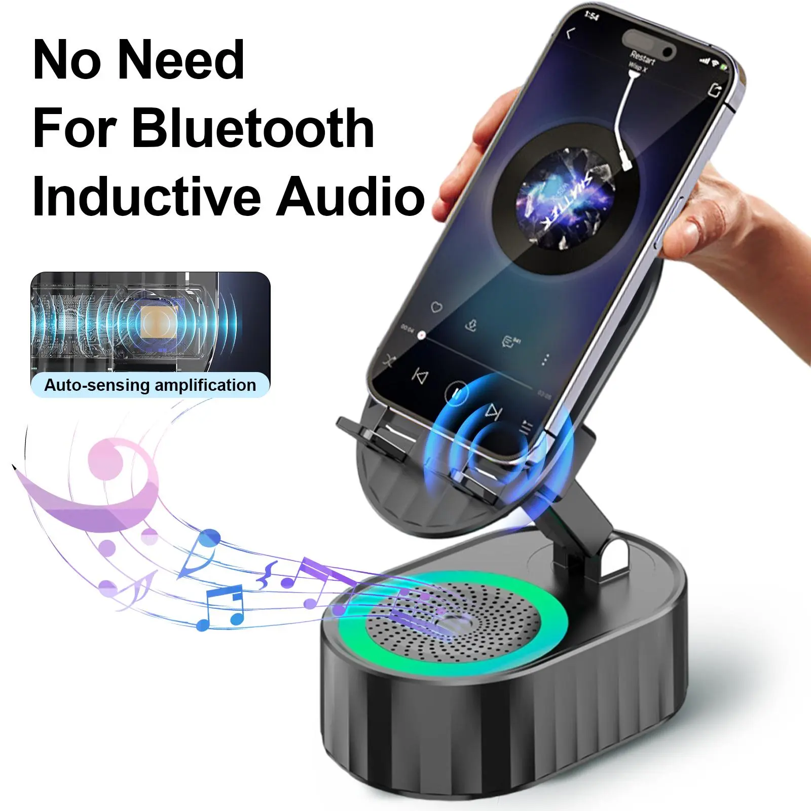 AKLLCCR 5-in-1 Wireless Smartphone Speaker - Cell Phone Stand with Bluetooth/Induction Audio, Colorful Atmosphere Light, USB Charging Power Bank, 5.3 HD Surround Subwoofer Loud Sounds, 300° Rotatable Foldable Lift, Non-Slip Base, Loud Sounds Speaker, Blue