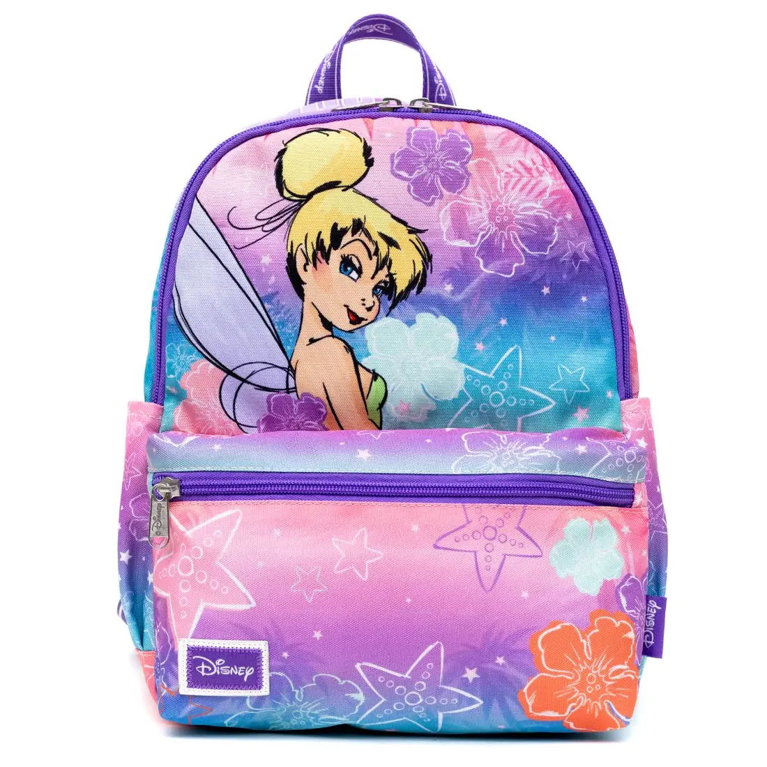 WondaPop Disney Peter Pan Tinkerbell Fashionable Nylon Mini Backpack, Colorful Floral Print, Fabric Straps for Pin Display, Female, Collectibles, Faux Leather, Basic, Adults, Lightweight, Cartoon, Casual, Adjustable Strap, Hand Wash Only, Two Zipper Pulls