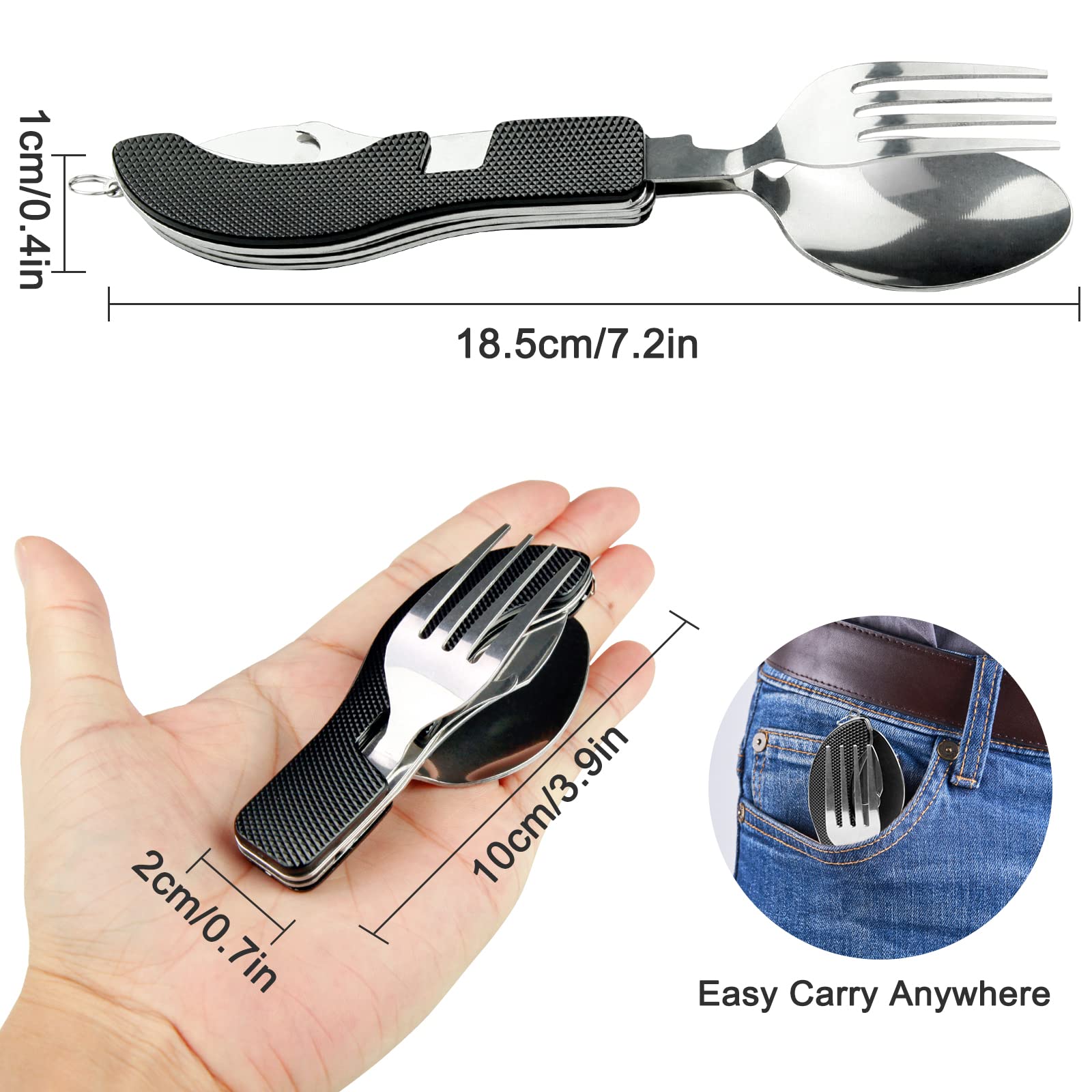 4-in-1 Portable Stainless Steel Cutlery with Fork, Spoon, Knife, and Bottle Opener-Uhair- Lightweight, Detachable, and Durable Camping Silverware for Outdoor Events and Adventures