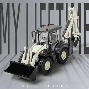 1/50 Scale Die-Cast Backhoe Loader Excavator Model – Dual-Function Construction Vehicle with 360° Rotating Excavator Arm and Movable Front Loader, Alloy Metal Gift for Boys and Adults White