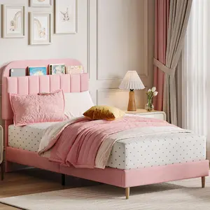 Pink Twin XL Bed Frame with Bookcase Headboard - Upholstered Velvet Platform Bed, 890LB Capacity, Noise-Free, Heavy-Duty Steel Legs, Easy Assembly