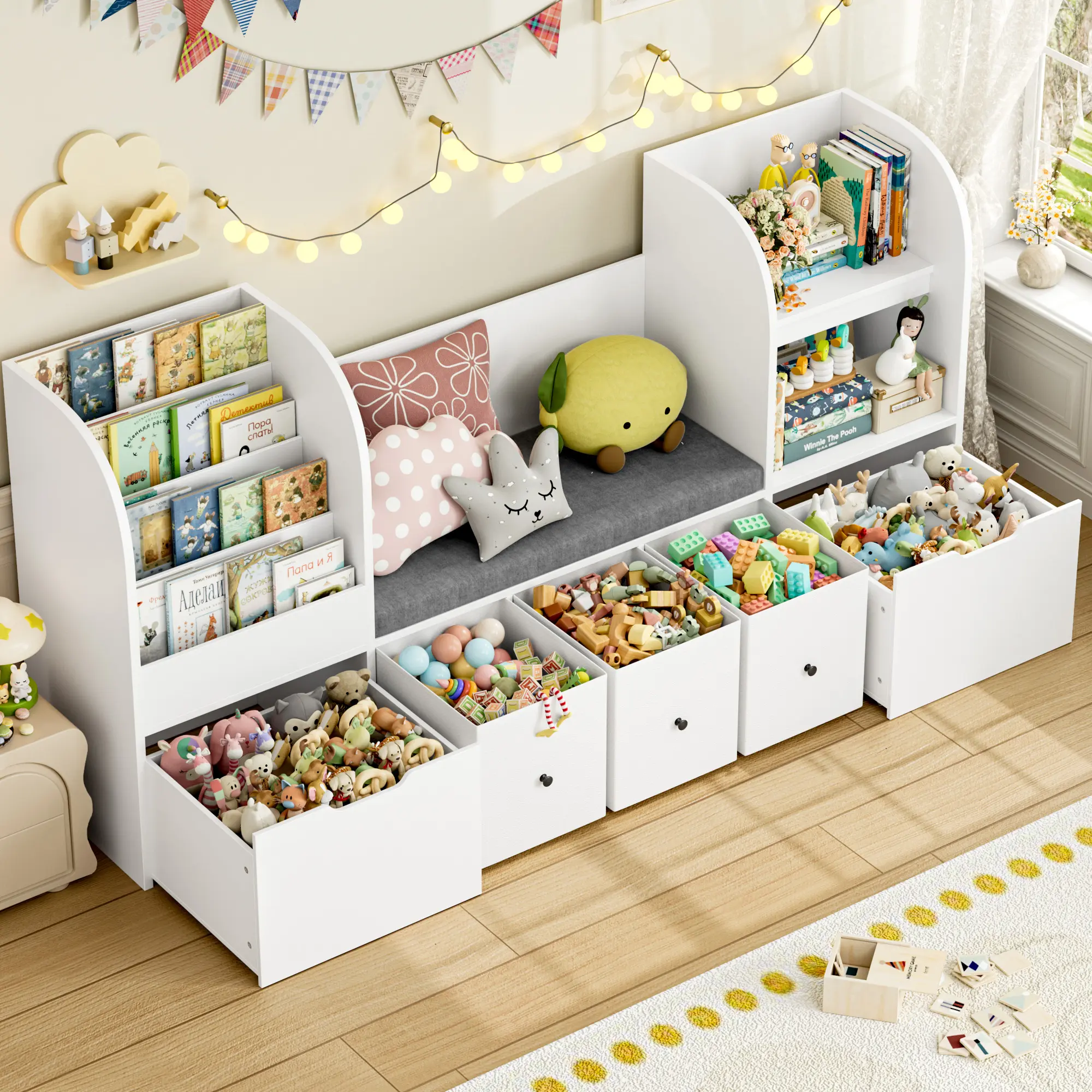 FOTOSOK 71”W Bookshelf with Reading Nook, Storage Organizer with Seat Cushion and 2 Movable Drawers & 3 Chests, Reading Nook Organizers and Storage with Bench