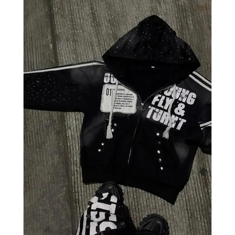 Clothing piece Gothic punk hip-hop washed hoodie retro Klein stone striped embroidered zipper hoodie rock Harajuku men's and women's street wear humorous language shirtGift