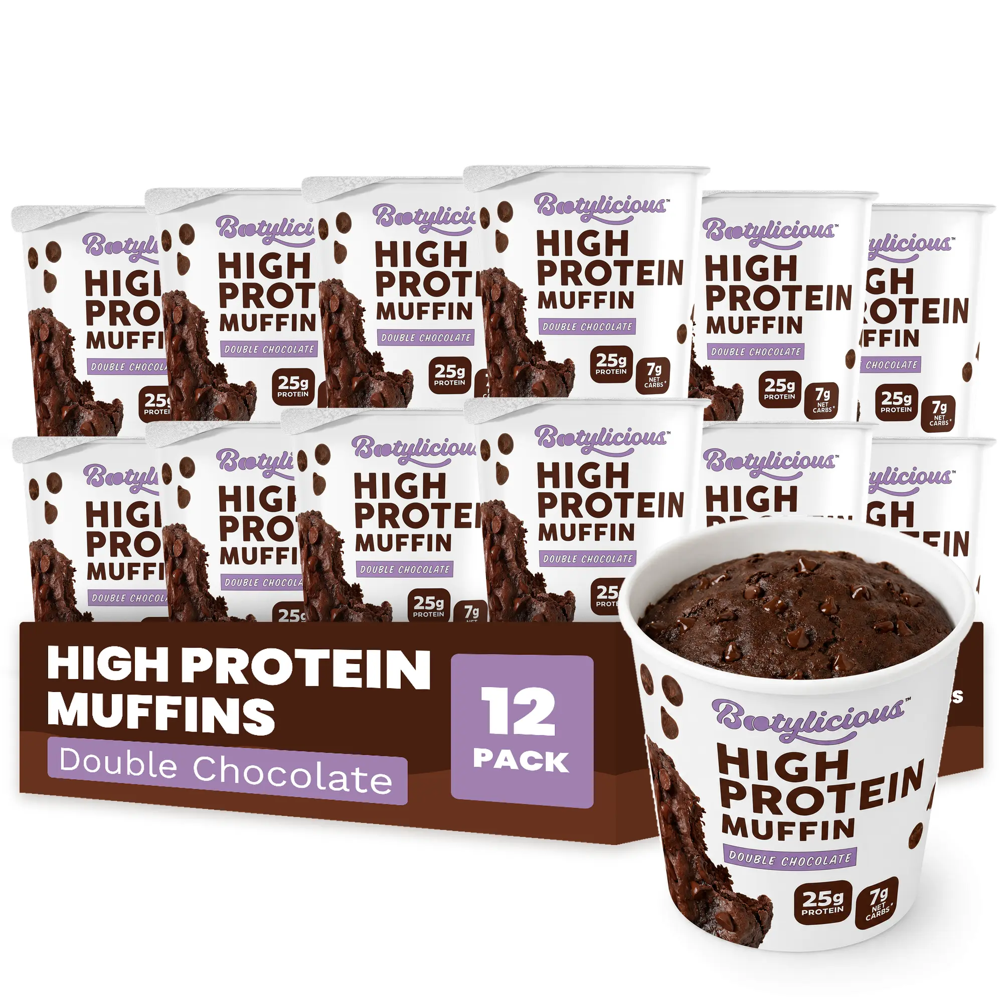 Bootylicious Protein Muffin, Double Chocolate, 12-Pack | 25g Protein, High Fiber, 7g Net Carbs*, 200 Calories or Less