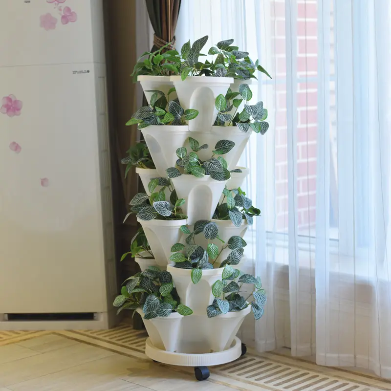 5-Layer Stackable Flower Pots Vertical Garden Pots for Flowers Herbs Strawberries Vegetables Durable PPP Plastic with Moving Wheels Tools Indoor Outdoor Garden Pots