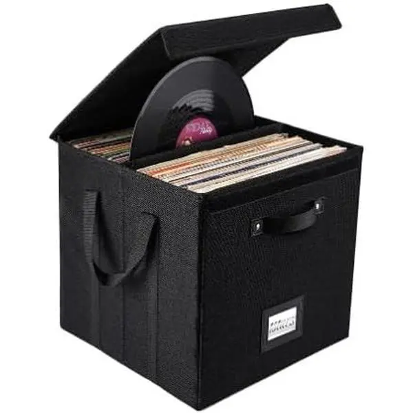 3-Piece Black Vinyl Record Storage Boxes Set - Durable Non-Woven Stackable Dustproof Crate with Lid and Handles, Modern Decorative Organizer Storage Boxes for Valuable LP Album Collection, Record Crate