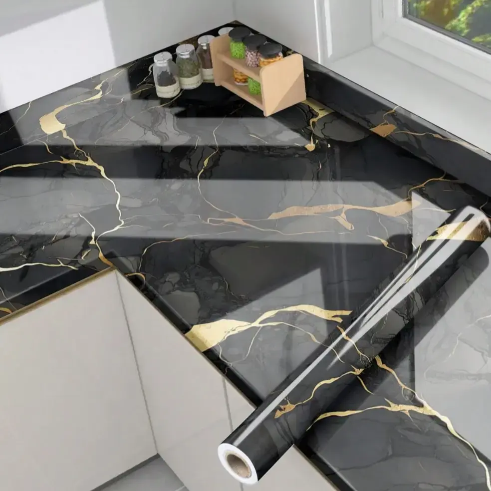 Self Adhesive Marble Paper - Waterproof Peel Stick Marble Furniture Stickers for Cabinets, Countertops, Kitchen Counter Decor, Home Renovation, House Decor, Black Wallpaper Peel And Stick