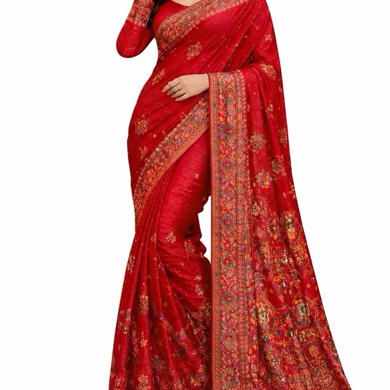 Pure Rajasthani Saree Set - Green  and  Red Color with Intricate Gold and White Embroidery Design