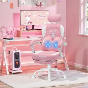 HOFFREE Kids Computer Gaming Chair for Girl with Cute Bunny Massage Lumbar Pillow Kids Pink Desk Office Chair with Adjustable Headrest and Footrest for Teen Girls Fun Furniture Ergonomic